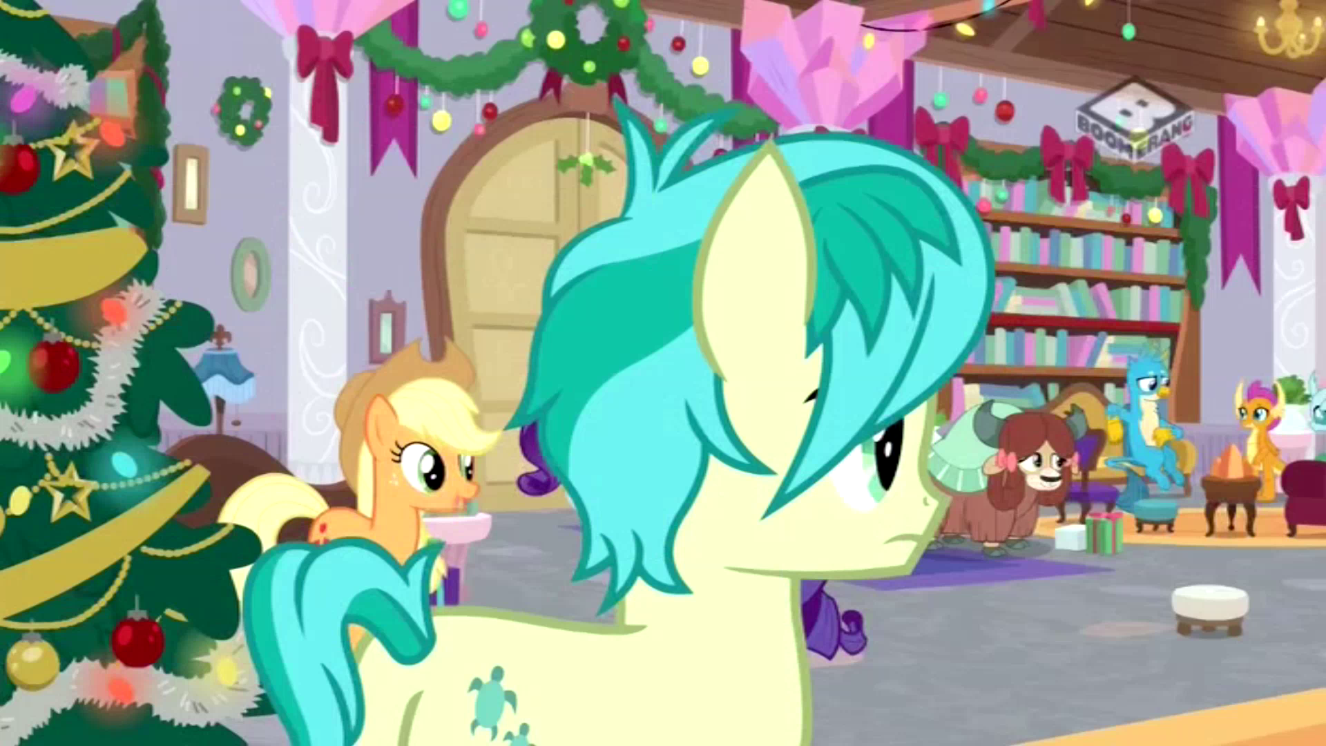 #1803559 - safe, screencap, applejack, gallus, ocellus, rarity, sandbar