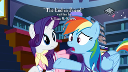 Size: 1024x576 | Tagged: safe, screencap, rainbow dash, rarity, pegasus, pony, unicorn, g4, the end in friend, boomerang (tv channel), camping outfit, clothes, duo, female, g.m. berrow, mare, opening credits