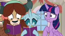Size: 1024x576 | Tagged: safe, screencap, ocellus, twilight sparkle, yona, alicorn, changedling, changeling, pony, yak, g4, the end in friend, boomerang (tv channel), female, mare, mouth hold, notebook, pencil, twilight sparkle (alicorn)