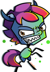 Size: 937x1356 | Tagged: safe, artist:amberpone, oc, oc only, oc:pompous pep, pony, unicorn, blue coat, brown eyes, digital art, expression, eyes open, freckles, invader zim, jhonen vasquez style, lighting, looking at you, male, original character do not steal, paint tool sai, purple mane, shading, short hair, simple background, smiling, stallion, standing, style emulation, teeth, transparent background, ych result