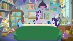 Size: 1024x576 | Tagged: safe, screencap, rainbow dash, rarity, starlight glimmer, pony, unicorn, g4, the end in friend, boomerang (tv channel), couch, female, mare, starlight's office, trio