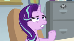 Size: 1024x576 | Tagged: safe, screencap, starlight glimmer, pony, unicorn, g4, the end in friend, boomerang (tv channel), exasperated face, female, mare, solo, starlight's office