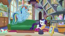Size: 1024x576 | Tagged: safe, screencap, rainbow dash, rarity, pegasus, pony, unicorn, g4, the end in friend, boomerang (tv channel), boots, clothes, duo, female, glitter boots, magic, mare, shoes, starlight's office, telekinesis