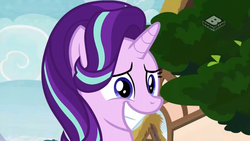 Size: 1024x576 | Tagged: safe, screencap, starlight glimmer, pony, unicorn, g4, the end in friend, boomerang (tv channel), bust, female, grin, mare, nervous, portrait, smiling, solo