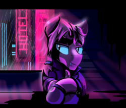 Size: 2800x2400 | Tagged: safe, artist:chaosmauser, oc, oc only, oc:chaosmauser, pony, vampony, cyberpunk, high res, male, retrowave, smiling, solo, synthwave