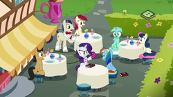 Size: 1024x576 | Tagged: safe, screencap, bon bon, cherry cola, cherry fizzy, horte cuisine, lyra heartstrings, rainbow dash, rarity, roseluck, savoir fare, sweetie drops, earth pony, pegasus, pony, unicorn, g4, the end in friend, book, boomerang (tv channel), boots, cafe, female, glitter boots, male, mare, neckerchief, shoes, stallion, stool, table