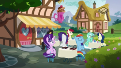Size: 1024x576 | Tagged: safe, screencap, bon bon, cherry cola, cherry fizzy, lyra heartstrings, rainbow dash, rarity, roseluck, starlight glimmer, sweetie drops, earth pony, pegasus, pony, unicorn, g4, the end in friend, boomerang (tv channel), cafe, female, mare, ponyville