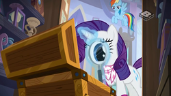 Size: 1024x576 | Tagged: safe, screencap, rainbow dash, rarity, pegasus, pony, unicorn, g4, the end in friend, boomerang (tv channel), chest, duo, female, flying, magnifying glass, mare, neckerchief