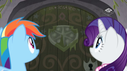 Size: 1024x576 | Tagged: safe, screencap, rainbow dash, rarity, pony, g4, the end in friend, boomerang (tv channel), door, duo, female, looking up, mare