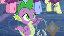Size: 1024x576 | Tagged: safe, screencap, spike, dragon, g4, the end in friend, amulet, amulet of aurora, azurantium, boomerang (tv channel), jewelry, male, solo focus, winged spike, wings