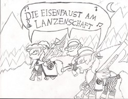 Size: 2199x1700 | Tagged: safe, artist:infinita est lux solis, oc, oc:lanceshaft, bat pony, armor, arquebus, cape, chainmail, clothes, german, halberd, landsknecht, night, night guard, singing, teutonic knight, translated in the comments, weapon