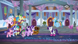 Size: 1024x576 | Tagged: safe, screencap, berry blend, berry bliss, gallus, huckleberry, november rain, ocellus, peppermint goldylinks, rainbow dash, rarity, sandbar, silverstream, smolder, spike, starlight glimmer, twilight sparkle, yona, alicorn, classical hippogriff, dragon, earth pony, griffon, hippogriff, pegasus, pony, unicorn, g4, the end in friend, boomerang (tv channel), boots, dragoness, female, friendship student, glitter boots, male, mare, neckerchief, school of friendship, shoes, student six, teenager, twilight sparkle (alicorn), winged spike, wings