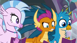 Size: 1024x576 | Tagged: safe, screencap, gallus, silverstream, smolder, dragon, griffon, hippogriff, g4, the end in friend, boomerang (tv channel), dragoness, female, male, notebook, raised eyebrow