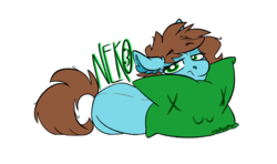 Size: 1472x870 | Tagged: safe, artist:spoopygander, oc, oc only, oc:neko, earth pony, pony, bedroom eyes, cute, female, looking at you, lying down, mare, messy hair, messy mane, on side, outline, pillow, resting, simple background, smiling, solo, sticker, tail, text, transparent background