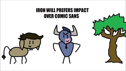 Size: 1280x720 | Tagged: safe, artist:round trip, cranky doodle donkey, iron will, donkey, minotaur, round trip's mlp season 8 in a nutshell, a matter of principals, g4, impact font, implied comic sans, tree