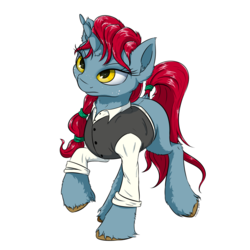 Size: 1900x1900 | Tagged: safe, artist:coldtrail, oc, oc only, pony, unicorn, barmaid, bartender, female, freckles, mare, red mane, simple background, solo, transparent background, unshorn fetlocks, waistcoat, yellow eyes