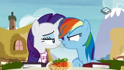 Size: 1024x576 | Tagged: safe, edit, edited screencap, screencap, rainbow dash, rarity, pegasus, pony, unicorn, g4, the end in friend, book, duo, female, food, lady and the tramp, lesbian, looking at each other, mare, neckerchief, nose to nose, pasta, ship:raridash, shipping, smiling, spaghetti, spaghetti scene