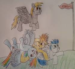 Size: 1417x1296 | Tagged: safe, artist:rapidsnap, derpy hooves, rainbow dash, soarin', spitfire, pegasus, pony, g4, crash, crash landing, pony pile, traditional art, wonderbolts