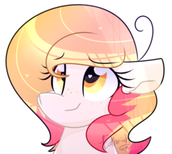 Size: 827x741 | Tagged: safe, artist:lynchristina, oc, oc only, earth pony, pony, bust, digital art, female, floppy ears, freckles, gift art, heart eyes, looking up, mare, signature, simple background, smiling, solo, transparent background, wingding eyes