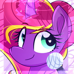 Size: 400x400 | Tagged: safe, artist:lynchristina, oc, oc only, pony, unicorn, abstract background, bust, commission, digital art, female, freckles, glowing horn, heart eyes, horn, looking back, magic, mare, signature, smiling, solo, telekinesis, wingding eyes