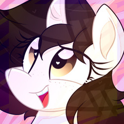 Size: 400x400 | Tagged: safe, artist:lynchristina, oc, oc only, pony, unicorn, abstract background, bust, commission, digital art, female, freckles, happy, heart eyes, looking up, mare, open mouth, signature, smiling, solo, wingding eyes