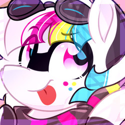 Size: 400x400 | Tagged: safe, artist:lynchristina, oc, oc only, pony, :p, abstract background, bust, digital art, female, freckles, gift art, glasses, looking back, mare, signature, silly, smiling, solo, tongue out