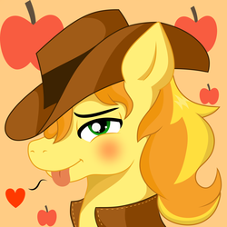 Size: 5120x5120 | Tagged: safe, artist:farvethest, braeburn, earth pony, pony, g4, :p, absurd resolution, apple, food, hat, heart, male, silly, solo, tongue out