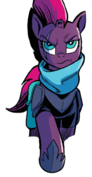 Size: 448x857 | Tagged: safe, artist:andypriceart, idw, official comic, tempest shadow, pony, unicorn, g4, spoiler:comic, spoiler:comic68, armor, broken horn, clothes, eye scar, eyeroll, female, hoof shoes, horn, mare, scar, scarf, simple background, solo, tempest's tale, transparent background