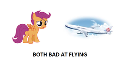 Size: 726x394 | Tagged: safe, scootaloo, g4, abuse, china airlines, female, op is a duck, plane, scootabuse, scootaloo can't fly, scootasad