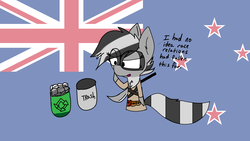 Size: 1920x1080 | Tagged: safe, artist:exxie, oc, oc only, oc:bandy cyoot, raccoon pony, flag, new zealand, recycle bin, simple background, solo, text, trash can
