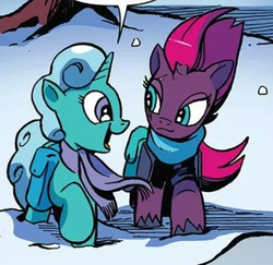 Size: 402x390 | Tagged: safe, artist:andypriceart, idw, official comic, glitter drops, tempest shadow, pony, unicorn, g4, spoiler:comic, spoiler:comic68, :3, broken horn, clothes, cropped, duo, eye scar, female, horn, mare, scar, scarf, snow, tempest's tale