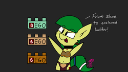 Size: 1920x1080 | Tagged: safe, artist:exxie, oc, oc only, oc:blocky bits, earth pony, pony, bipedal, collar, female, lego, mare, princess leia, simple background, slave leia outfit, solo, text, 🅱