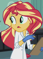 Size: 382x527 | Tagged: safe, screencap, sunset shimmer, equestria girls, g4, my little pony equestria girls: friendship games, the science of magic, clipboard, clothes, cropped, female, gloves, lab coat, latex, pencil, rubber gloves, solo, sunset the science gal