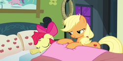 Size: 2160x1080 | Tagged: safe, screencap, apple bloom, applejack, earth pony, pony, apple family reunion, g4, bed, bow, butt touch, duo, female, filly, hair bow, hoof on butt, mare, pillow, sisters, sleeping, smiling