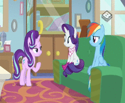 Size: 704x576 | Tagged: safe, screencap, rainbow dash, rarity, starlight glimmer, g4, the end in friend, animated, boomerang (tv channel), boots, couch, female, glitter boots, shoes, sound, starlight's office, webm