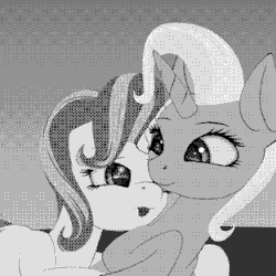 Size: 624x624 | Tagged: source needed, safe, artist:styroponyworks, starlight glimmer, trixie, pony, unicorn, g4, duo, female, gif, grayscale, halftone, hug, mare, monochrome, non-animated gif, offset, smiling, tongue out, wip