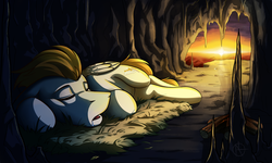 Size: 1024x614 | Tagged: safe, artist:klarapl, oc, oc only, oc:core, pegasus, pony, bonfire, cave, drool, fire, male, open mouth, sleeping, smoke, solo, sunset