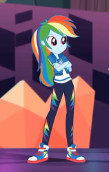 Size: 382x605 | Tagged: safe, screencap, rainbow dash, constructive criticism, equestria girls, equestria girls series, g4, clothes, constructive criticism: rainbow dash, converse, crossed arms, female, geode of super speed, jacket, magical geodes, pants, shoes, smiling, sneakers