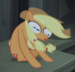 Size: 408x388 | Tagged: safe, screencap, applejack, earth pony, pony, castle mane-ia, g4, season 4, animation error, applejack's hat, cowboy hat, cropped, excuse me what the fuck, faic, female, freeze frame, great moments in animation, hat, hypnotoad, mare, not salmon, reaction image, silly, silly pony, smear frame, solo, wat, who's a silly pony