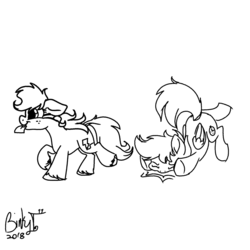 Size: 2000x2000 | Tagged: safe, artist:binkyt11, derpibooru exclusive, oc, oc only, oc:binky, oc:hickory dickory, earth pony, hybrid, pegasus, pony, zony, atg 2018, face down ass up, female, high res, mare, monochrome, newbie artist training grounds, running, simple background, tripping, white background