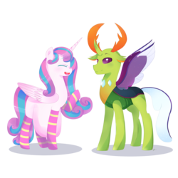 Size: 3000x3000 | Tagged: safe, artist:rinka-anne8, princess flurry heart, thorax, alicorn, changedling, changeling, pony, g4, adult, belly, chat, clothes, cute, flurrybetes, happy, high res, impossibly large belly, king thorax, mama flurry, multiple pregnancy, not shipping, older, older flurry heart, pregnant, simple background, socks, striped socks, talking, transparent background