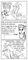 Size: 1250x2658 | Tagged: safe, artist:chopsticks, boulder (g4), discord, maud pie, starlight glimmer, earth pony, pony, unicorn, a matter of principals, g4, comic, dialogue, female, funny, monochrome, open mouth, text