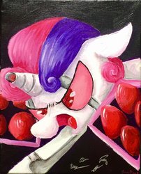 Size: 1024x1268 | Tagged: safe, artist:colorsceempainting, sweetie belle, pony, robot, robot pony, unicorn, friendship is witchcraft, g4, angry, armed, ears back, female, filly, foal, horn, open mouth, painting, red eyes, solo, sweetie bot, this will end in death, this will end in murder, this will end in tears and/or death, traditional art