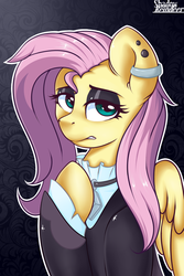 Size: 1181x1772 | Tagged: safe, artist:php97, fluttershy, pegasus, pony, fake it 'til you make it, g4, clothes, ear piercing, earring, eyeshadow, female, fluttergoth, jewelry, makeup, mare, piercing, remake, solo