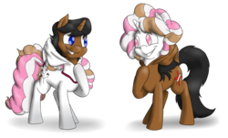 Size: 4961x3000 | Tagged: safe, artist:timsplosion, oc, oc:doctor haywick, oc:nurse haywick, oc:pink pepper, pony, unicorn, clothes, commission, costume, disguised as each other, duo, female, high res, looking at each other, mare, mask, masking, ponysuit, rule 63, simple background, smiling, transparent background