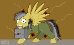 Size: 1500x924 | Tagged: safe, artist:phallen1, derpibooru exclusive, daring do, g4, atg 2018, bowtie, briefcase, bullet hole, clothes, daringverse, mouth hold, newbie artist training grounds, simple background, smoke, suit, teeth, traumatized