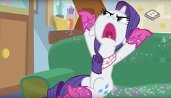 Size: 1610x922 | Tagged: safe, screencap, rarity, pony, unicorn, g4, the end in friend, boots, female, glitter boots, mare, neckerchief, open mouth, shoes, solo, starlight's office, volumetric mouth