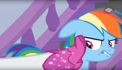 Size: 1608x932 | Tagged: safe, screencap, rainbow dash, rarity, pony, g4, the end in friend, annoyed, boots, female, glitter boots, lip bite, mare, scowl, shoes