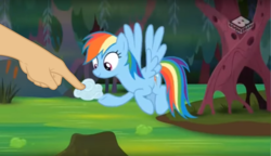 Size: 1611x926 | Tagged: safe, edit, edited screencap, screencap, rainbow dash, pegasus, pony, g4, the end in friend, boop, boop edit, cloud, cloud baby, female, finger, flying, hand, mare, swamp