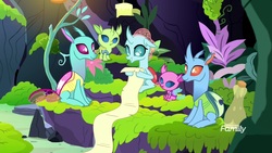 Size: 1920x1080 | Tagged: safe, screencap, axilla, carapace (g4), lumbar, ocellus, spiracle, changedling, changeling, nymph, g4, the hearth's warming club, baby changeling, discovery family, discovery family logo, family, logo